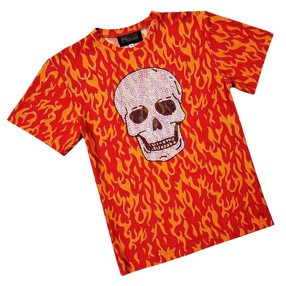 Flaming Skull Men's Flaming-Red T-shirt